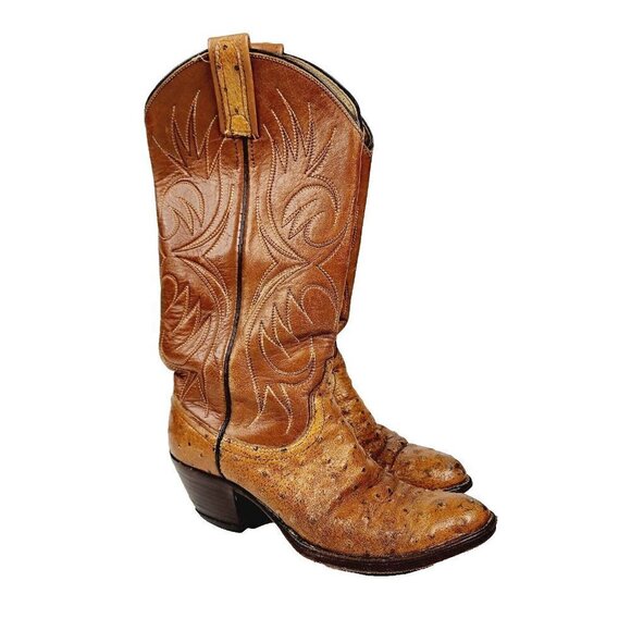 Vtg Dan Post Full Quill Ostrich Brown Western Work Cowboy‎ Boots Womens 5 - Picture 1 of 15